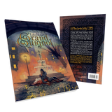 Book cover and back cover of 'The Grand Quignol' with a cityscape illustration.