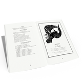 Open book with black and white illustration of a rooster on a white background