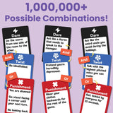 Set of dare and twist cards with various actions on a purple background