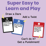 Game cards with dare, twist, and punishment instructions on a purple background