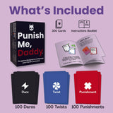 Card game packaging with cards, booklet, and components on a light purple background