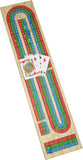 Wooden cribbage board with pegs and cards on a white background