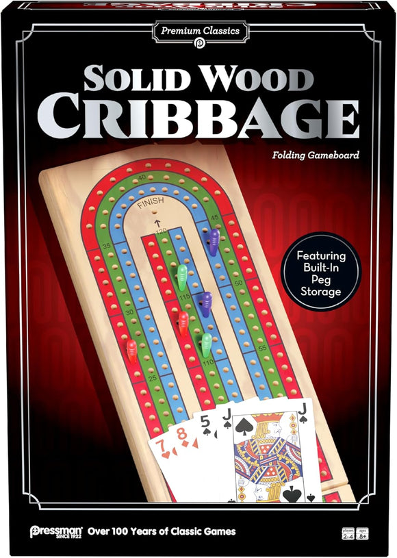 Cribbage board packaging with a red background