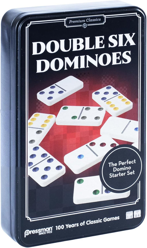 Double Six Dominoes game set packaging with domino pieces on a red background