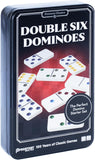 Double Six Dominoes game set packaging with domino pieces on a red background