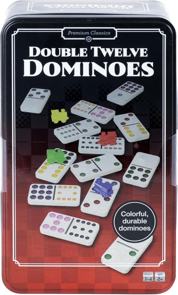 Double Twelve Dominoes game set in a tin box with colorful dominoes on a red and black checkered background.