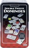 Double Twelve Dominoes game set in a tin box with colorful dominoes on a red and black checkered background.