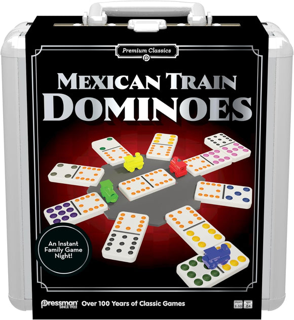 Box of Mexican Train Dominoes game with domino pieces on a red background