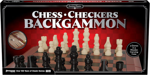 Board game box featuring chess, checkers, and backgammon pieces on a red background.