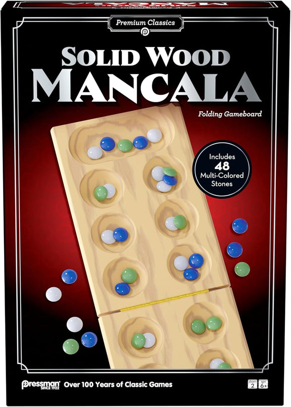 Box of Solid Wood Mancala game with wooden board and stones on a red background