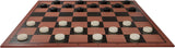 Checkers board with pieces on a white background