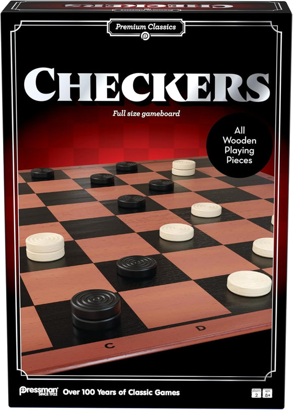 Checkers game box with wooden pieces on a checkered board