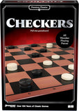 Checkers game box with wooden pieces on a checkered board