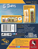 Card game packaging for '5 Towers' with game components and branding details.