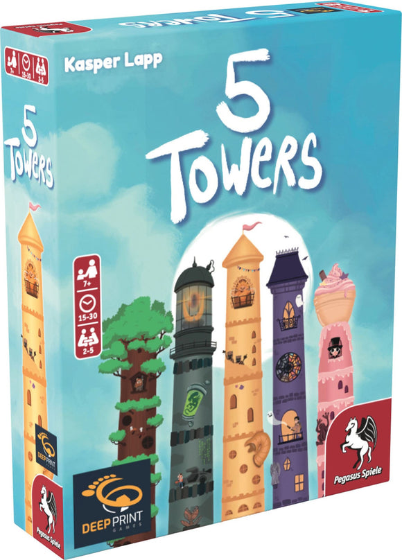Board game box for '5 Towers' by Kasper Lapp with colorful towers on a blue background.