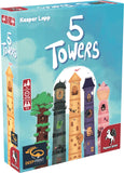Board game box for '5 Towers' by Kasper Lapp with colorful towers on a blue background.