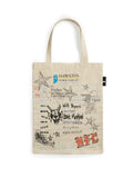 Beige tote bag with illustrations and text on a white background
