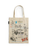 Tote bag with illustrations and text on a white background