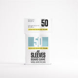 Pack of 50 board game sleeves with size and color information on a white background