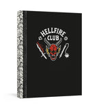 Black book with 'Hellfire Club' design featuring a devil face and crossed swords on a white background