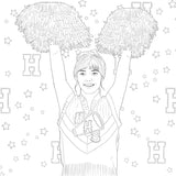 Black and white illustration of a cheerleader with pom-poms and a sash on a star-patterned background.