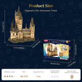 Product size comparison of Hogwarts Astronomy Tower model and packaging on a dark background.