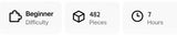 Icon set with 'Beginner Standard' text, a block icon with '164 Pieces', and a clock icon with '2 Hours'.