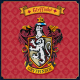 Gryffindor crest with lion emblem on a red background with patterned border