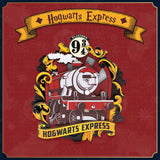 Illustration of Hogwarts Express with platform 9 3/4 on a red background