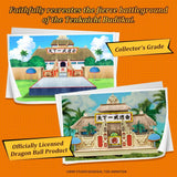 Product packaging for a Dragon Ball-themed building model on an orange background with text.