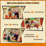 Promotional graphic for a battle between characters from an animated series, featuring Yamcha vs Tenshinhan, Goku vs Krillin, and Jackiechun vs Tenshinhan.