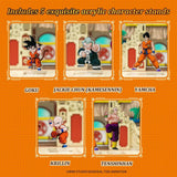 Promotional image of five anime-style character stands on an orange background with text.