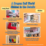 Illustrations of a living room and kitchen with hidden Dragon Ball elements on an orange background.