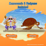 Cartoon character Kamesennin and turtle Umigame on a platform with an orange and blue background.