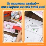 Model building kit with instructions and a hand holding a piece, set against an orange background with text.