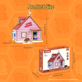 Measurement chart of a toy house with packaging on an orange background