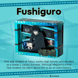 Promotional graphic for 'Fushiguro' with character illustration and text on a blue background
