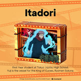 Anime character card featuring Itadori with a stylized background and text.
