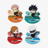 Four anime character figurines with colorful bases on a white background