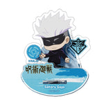 Stylized character with white hair and black mask on a blue and white background