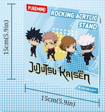 Packaging of 'Jujutsu Kaisen' acrylic stand with three characters on a blue background