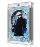 Anime character card featuring Gojo Satoru with a blue and white decorative border.