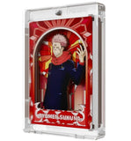 Anime character figurine in a transparent display case with red and blue design