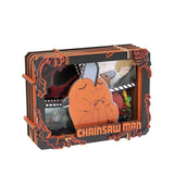 Chainsaw Man-themed product packaging with character design and text on a white background