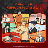 Illustrations of fan-favorite characters from a popular anime series with colorful backgrounds and character names.