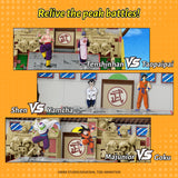 Animated battle scenes between characters with a yellow background and text.
