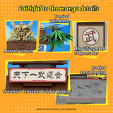 Collage of LEGO elements inspired by manga, including monster statues, palm trees, and a stage marker with a 'W' symbol.