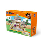 Dragon Ball toy set packaging with characters and temple design on an orange background