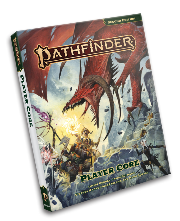 Pathfinder Player Core book cover with dragon and adventurer illustration on a white background
