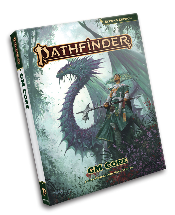 Pathfinder GM Core book cover with a dragon and warrior illustration on a white background